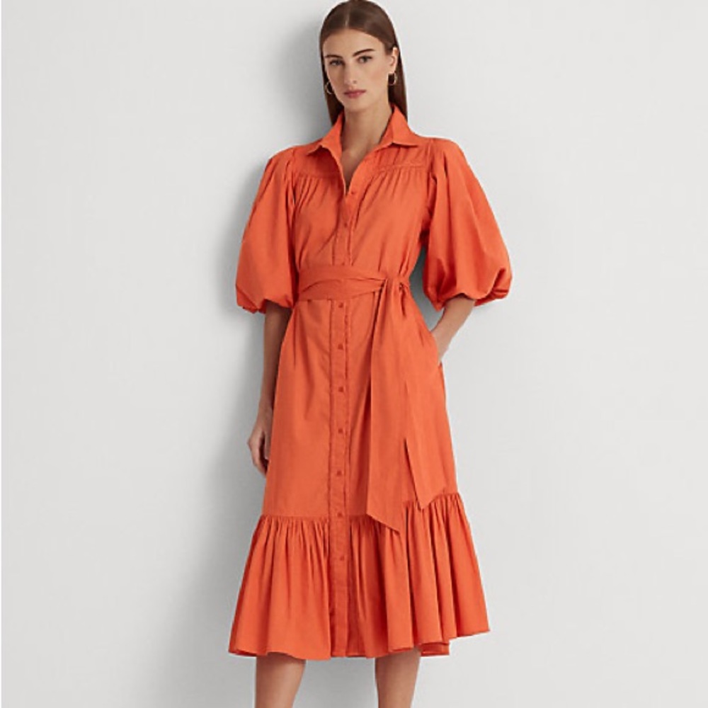 Ralph Lauren Black Label Orange Puff-Sleeve Midi Shirt Dress